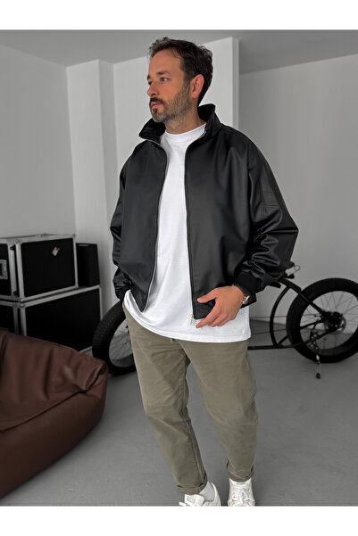 BYBASICMAN Black Ribbed Leather Jacket with Sleeve Detail Jj-2024