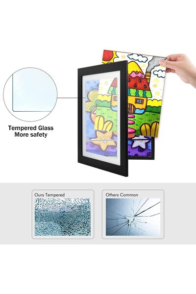 YHRY Kids Artwork Picture Frame, Front-Opening, Tempered Glass, A4, Black