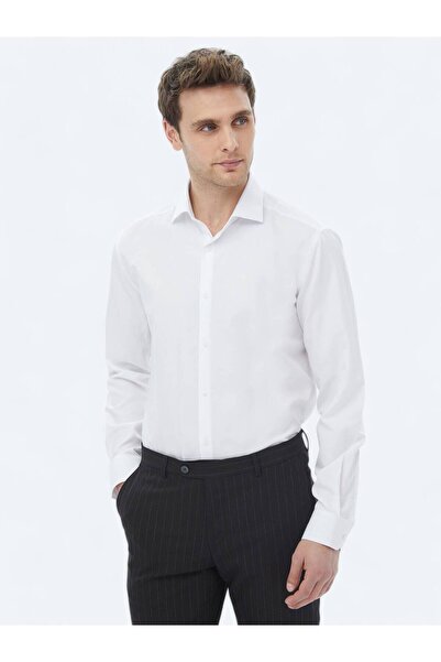 Kip White Plain Regular Fit Woven Classic Cotton Blend Shirt