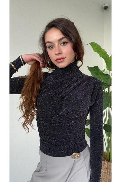 modadagiyim Black Self-Glittering Turtleneck Long Sleeve Gathered Very Stylish Blouse