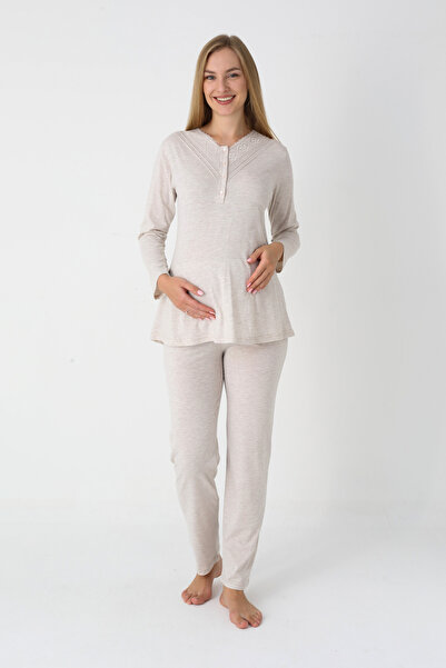 ERDENİZ TEKSTİL Long Sleeve Combed Cotton Maternity Pajamas and Robe Set Maternity Set 3-Piece Set