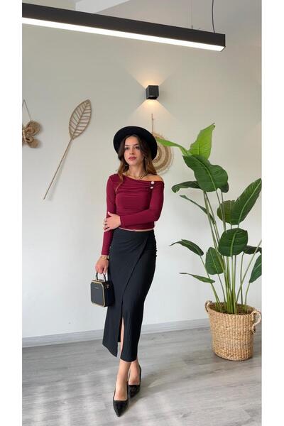 modadagiyim Burgundy Boat Neck Low Sleeve Stone Detailed Long Sleeve Very Stylish Blouse