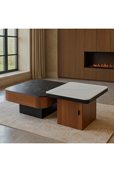 Vi Markets طقم طاولات عصري يجمع بين سطح رخامي أبيض وأسود مع قاعدة خشبية أنيقة.