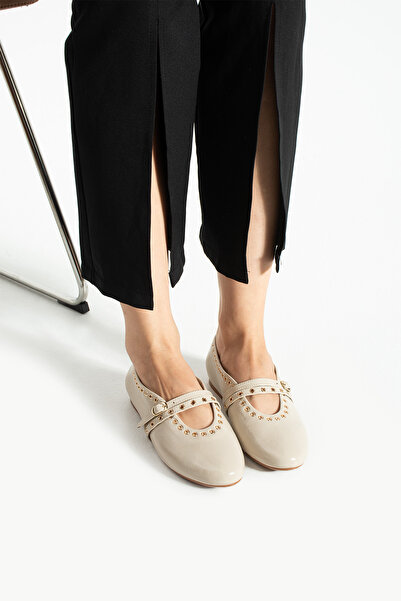 stato - Beige Color Buckle Faux Leather Women's Ballerinas