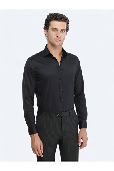 Kip Black Plain Regular Fit Woven Classic 100% Cotton Shirt