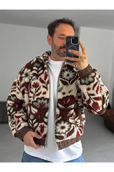 BYBASICMAN Coffee Floral Pattern Zippered Plush Jacket Tw-7077