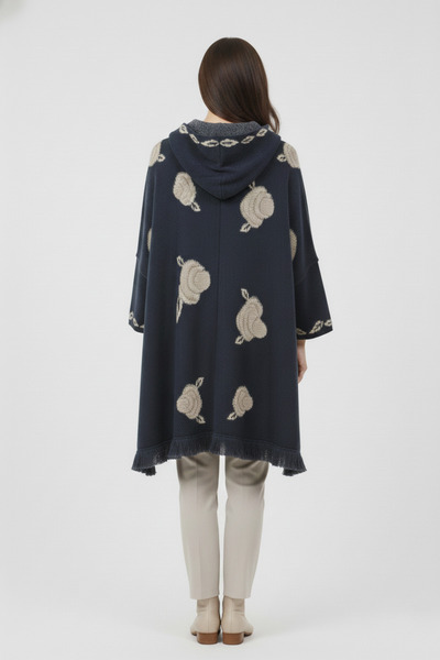 Uludağ Triko Indigo Embossed Rose Patterned K Hooded Women's Poncho