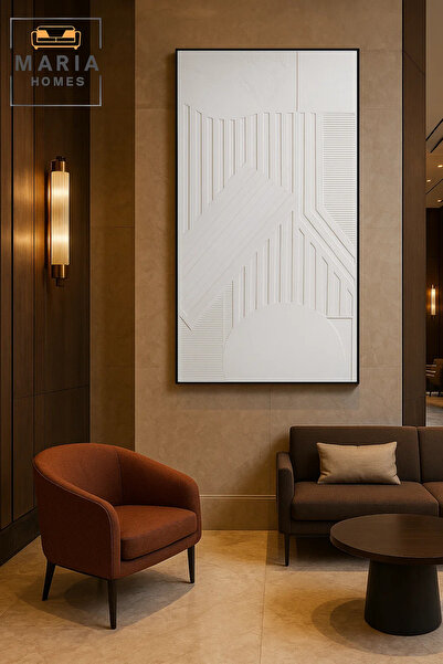 MARIA HOMES White Geometric Textured Wall Art – Modern Minimalist Canvas Decor for Living Room 140*70CM