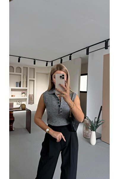 Sezgi Tekin Sleeveless Polo Neck Buttoned Melange Gray Knitwear