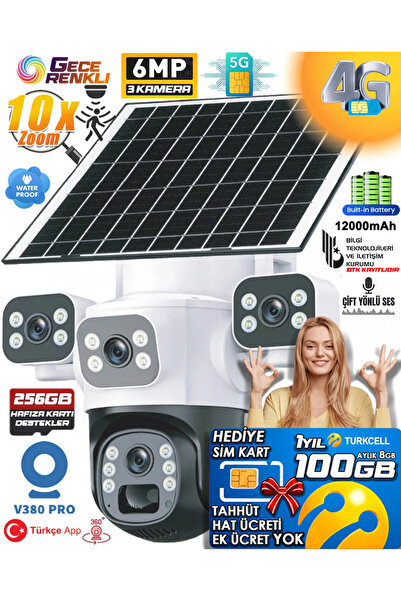 MPIA Aurora 3 Kameralı 6MP 4K 4G 100GB Sim Kart Hediye Güneş Panelli Solar 36...