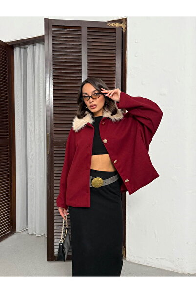 SUN STYLE Stylish Brown Cashmere Fabric Fur Collar Women's Jacket | Buttoned and Lined Winter Coat