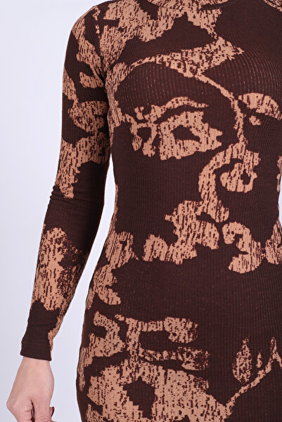 armonika Women's Coffee-Beige Turtleneck Front Slit Midi Length Dress Arm-26K001064