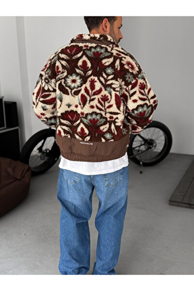 BYBASICMAN Coffee Floral Pattern Zippered Plush Jacket Tw-7077