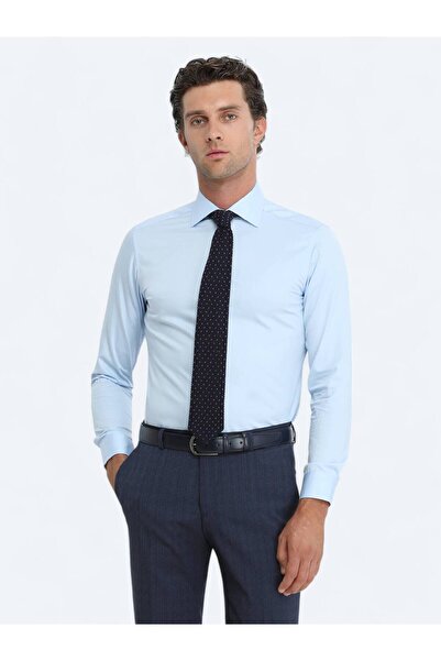 Kip Blue Plain Slim Fit Woven Classic 100% Cotton Shirt