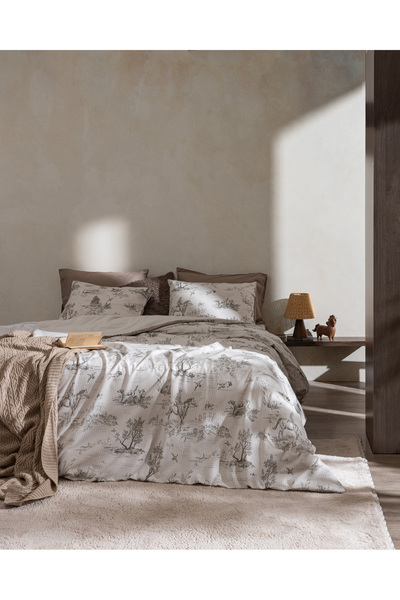 Madame Coco Henrietie Single 100% Cotton Elastic Ranforce Printed Duvet Cover Set - Beige