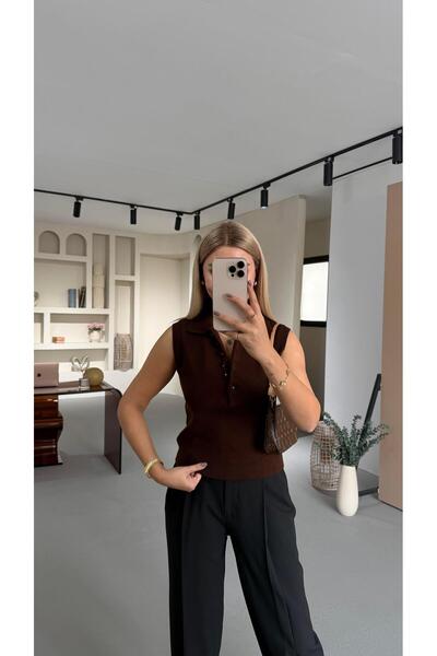 Sezgi Tekin Sleeveless Polo Neck Buttoned Brown Knitwear
