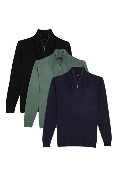 Tudors Ανδρικό πλεκτό πουλόβερ ψηλός λαιμός σε συσκευασία εφαρμοστό τεμαχίων σε μαύρο-πράσινο-σκούρο μπλε χρώμα με φερμουάρ