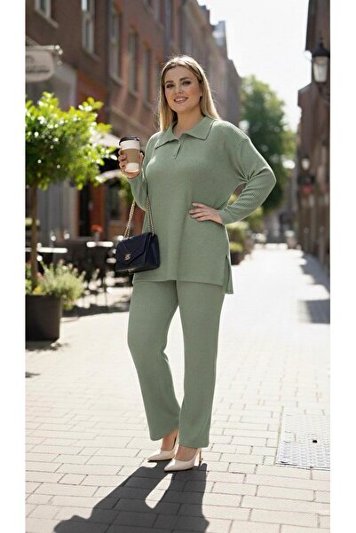 Koza Butik Women's Plus Size Shirt Collar Buttoned Ribbed Knit Fabric Tracksuit Set 8232-26