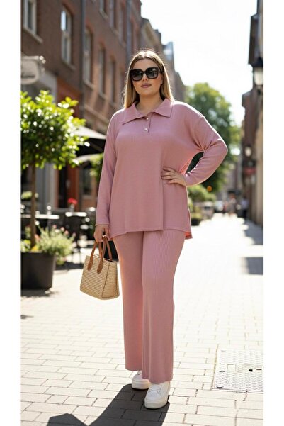 Koza Butik Women's Plus Size Shirt Collar Buttoned Ribbed Knit Fabric Tracksuit Set 8232-26