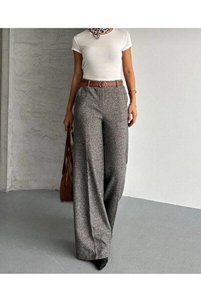 mor butik Жіночі широкі штани коричневого кольору з високою талією та широкими штанинами з офісної тканини