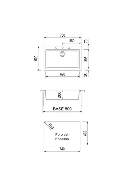 CookingAid Cube ON7610 Granite Kitchen Sink 760x500x200mm, Metal Black Quartz