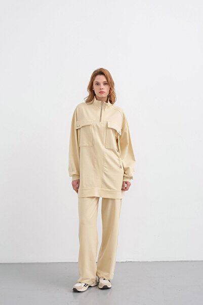 Basicpark Light Yellow Women's Mock Neck Half-Zip Pocket Detailed Loose Leg Knitted Top and Bottom Set