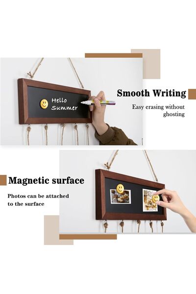 Aputue Wood Photo Board with 30 Clips, Hanging Photo Display with Adjustable Twines and Blackboard