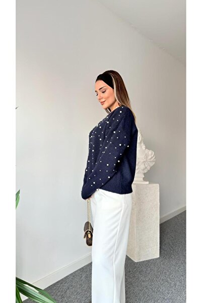 RECEP AYDIN Navy Blue Pearl Detailed Knitwear Sweater