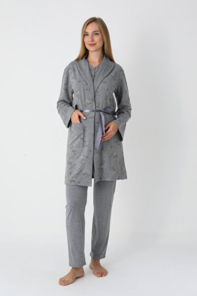 ERDENİZ TEKSTİL Long Sleeve Combed Cotton Maternity Pajamas and Robe Set Maternity Set 3-Piece Set