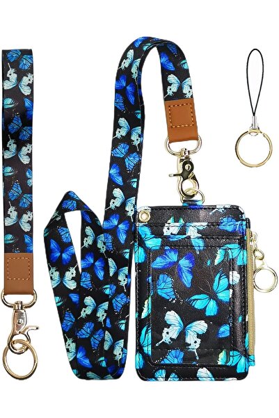 Generic Cute Blue Butterfly ID Badge Holder with Short Lanyard and Card Pocke...