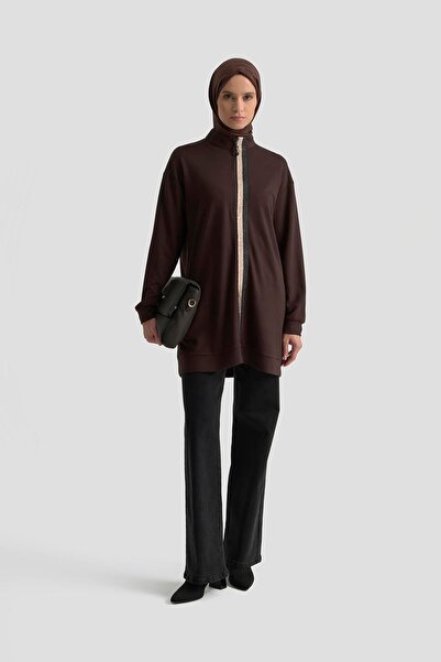 Armine TREND Simli Şerit Detaylı Yarım Fermuarlı Tunik Kahverengi 25KT407