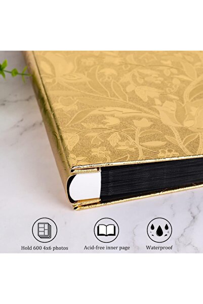X SPRING Photo Album 4x6 Inch, 600-Picture Capacity, PU Leather (Small Leaf Gold)