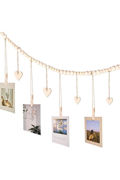 Generic Hanging Photo Display with Heart — Bohemian Wooden Bead Garland Photo Frame