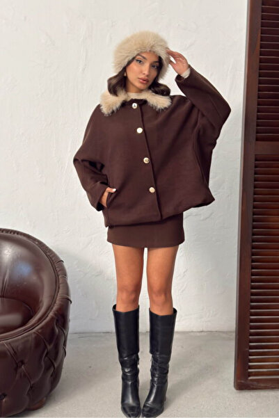 SUN STYLE Stylish Brown Cashmere Fabric Fur Collar Women's Jacket | Buttoned and Lined Winter Coat