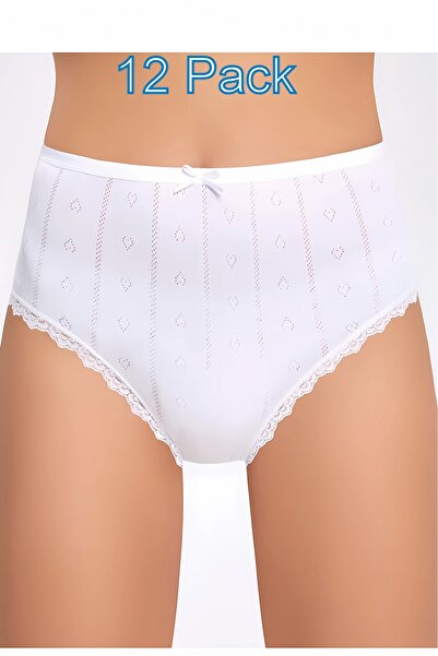 Gümüş İç Giyim 12-Pack, Women'S, Bato Panties, Jacquard, Lace, Heart Pattern, 100% Cotton Combed Fabric, White