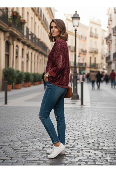 Punta Otantik Nc25192 Glitter Leopard Print Italian Knit Blouse Burgundy