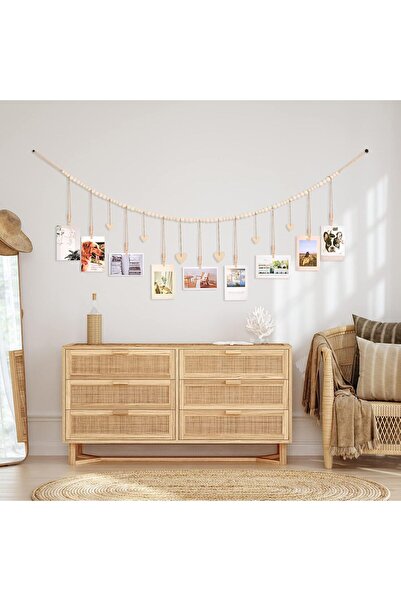Generic Hanging Photo Display with Heart — Bohemian Wooden Bead Garland Photo Frame