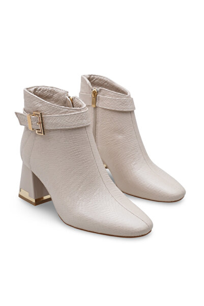 Women Lay-z Women's Beige Snake Patent Leather 6.5 cm Heel Square Toe Stylish Boots – Modern and Elegant Style Complement.