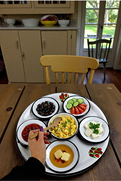 İnci Emaye 7 Piece Batdal Boy Enamel Breakfast Set, Presentation Plate, Breakfast Plate, Jam Bowl, Dowry