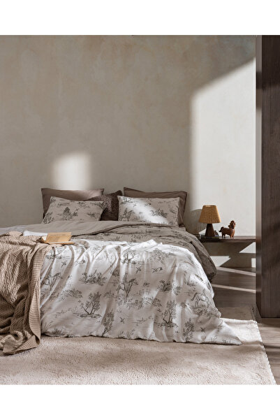 Madame Coco Henrietie King Size 100% Cotton Elastic Ranforce Printed Duvet Cover Set - Beige