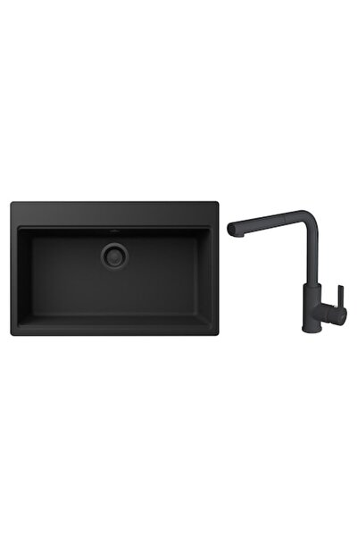 ELLECI Time 130 Black Matt Granitek Complete Granite Sink Set with Faucet, 790x510, Black