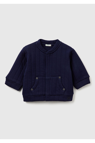 United Colors of Benetton Baby Navy Blue Stripe Patterned Logo Label Quilted Bomber Jacket with Snap Pocket