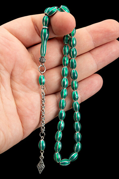 OTTOTESBİH Silver Green Special Design 41Gr 6X9Mm Metal Prayer Beads