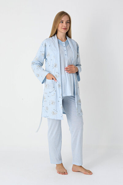 ERDENİZ TEKSTİL Long Sleeve Combed Cotton Maternity Pajamas and Robe Set Maternity Set 3-Piece Set