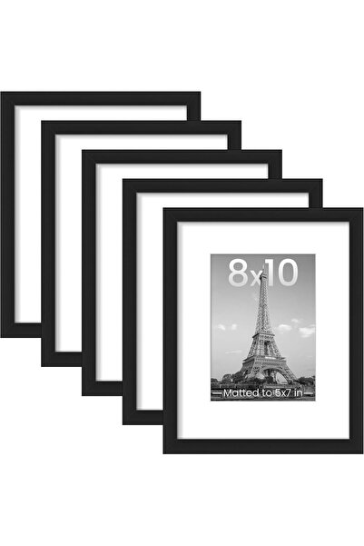 JOYZZZ Picture Frame Set, 8x10 Inch Black Wooden Frames, Pack of 5 (Displays 5x7 with Mat or 8x10 wi