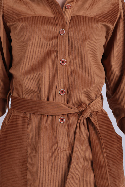 armonika Women's Camel Front Buttoned Pocketed Belted Velvet Dress Arm-25K001085