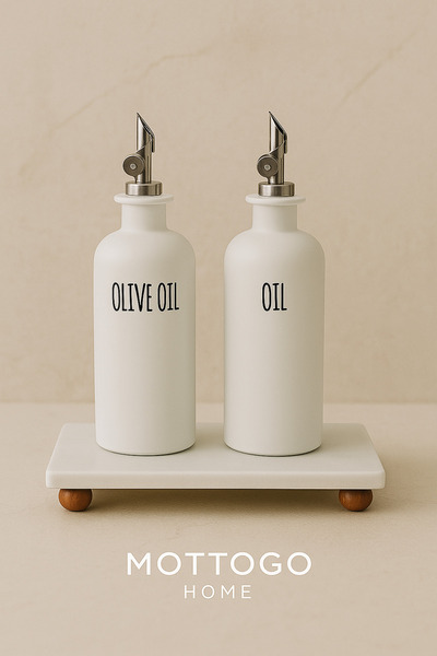 Mottogo Glass Oil Bottle with Marble Stand and 4 Label Options (Olive Oil •Oil •Vinegar •Sauce) -With Marble Base