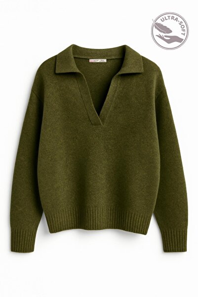 Mixray 7001 Women's Polo Neck Wool Blend Knitwear Premium Sweater Khaki