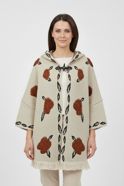 Uludağ Triko Beige Embossed Rose Patterned Hooded Women's Poncho