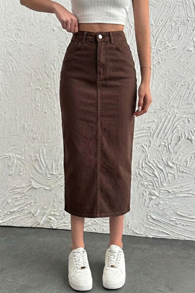 denimix Acı Kahve Denim pamuklu Midi Etek